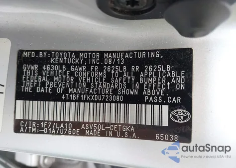 2013 Toyota Camry Xle z USA, uszkodzony, nr VIN 4T1BF1FKXDU723080